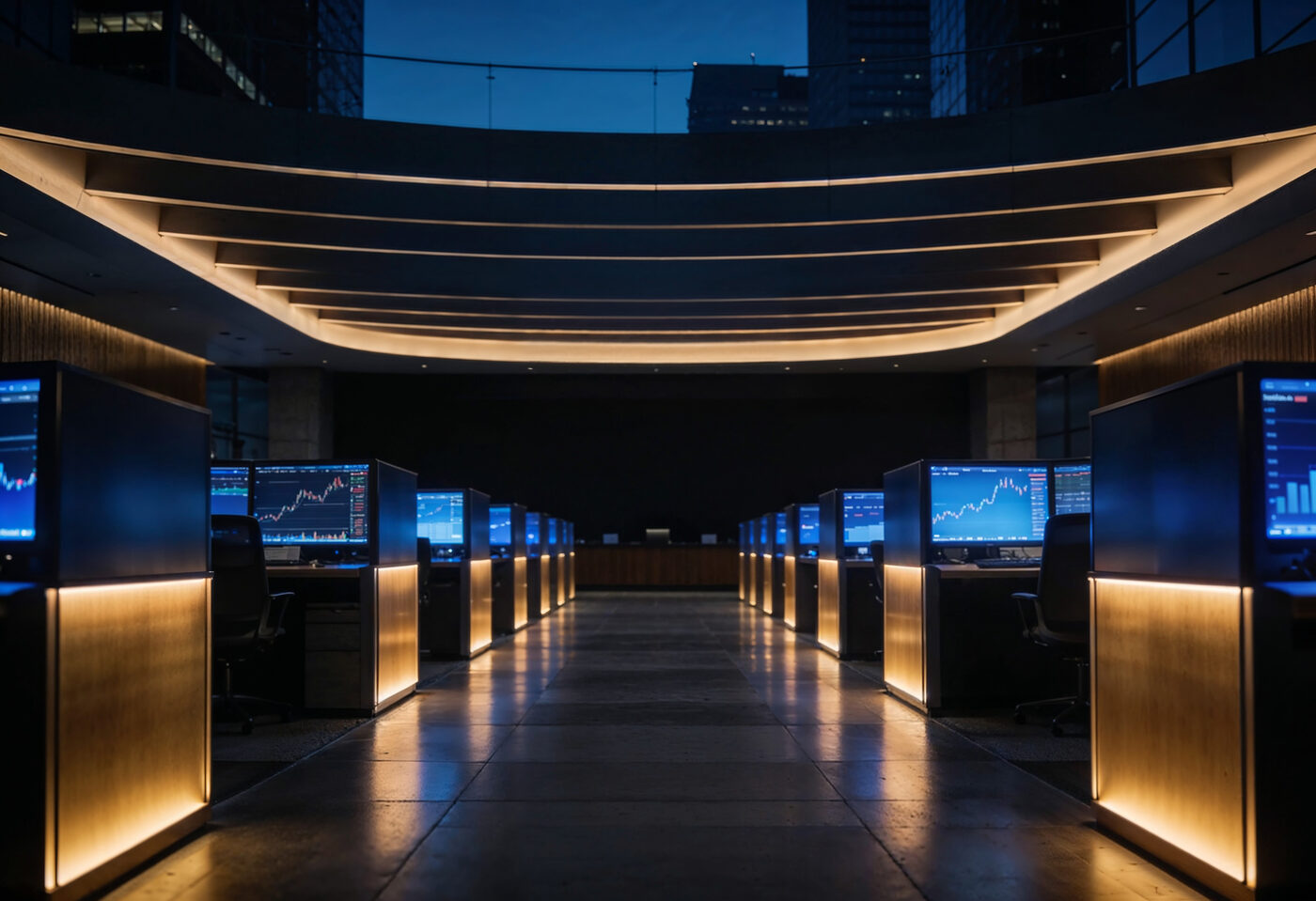 Investment bank trading floor with data terminals