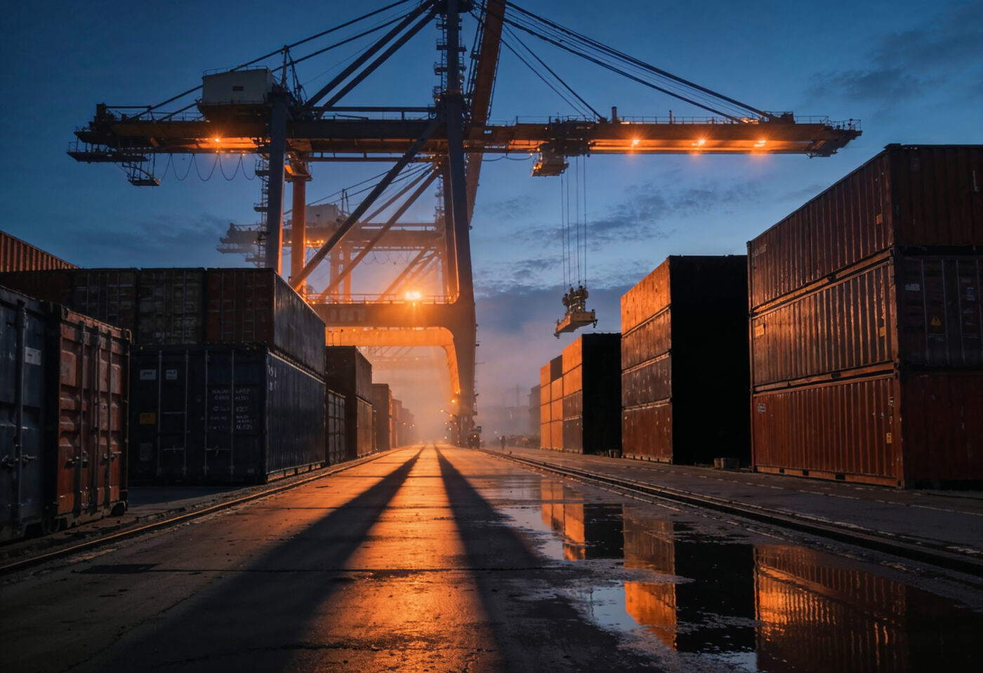 Container shipping port at dusk