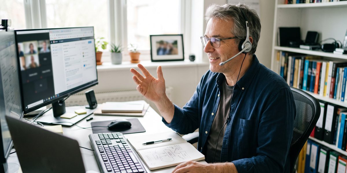 A senior integration architect with a headset explains a design on a video call from his office