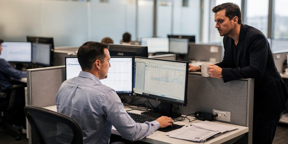 A payments operations analyst and a colleague review transaction screens on a bank operations floor