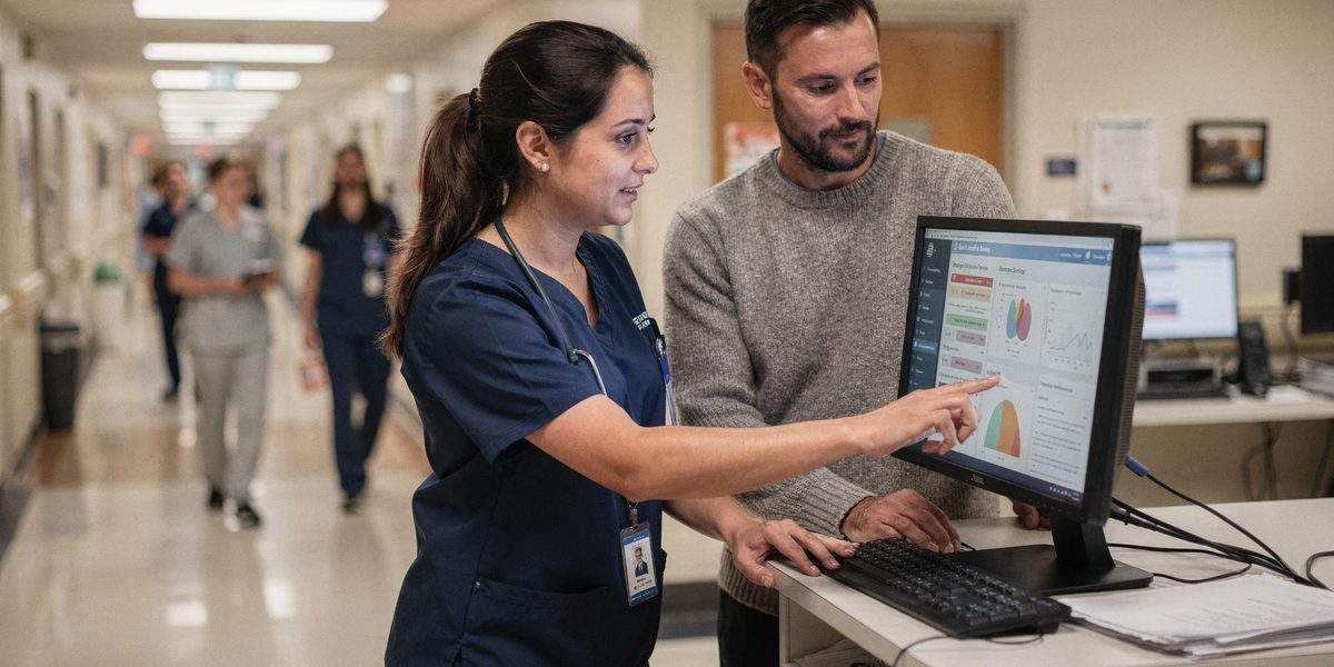 A clinical informatics nurse and a hospital IT analyst review a dashboard at a workstation beside a hospital corridor