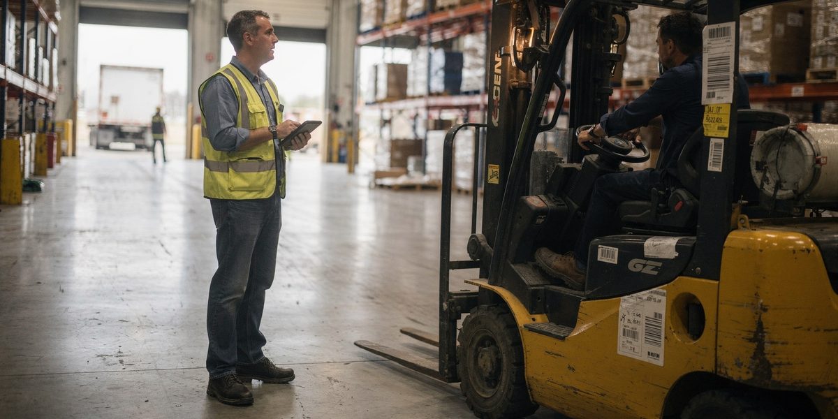 A distribution center supervisor with a tablet talks with a forklift operator near the loading docks